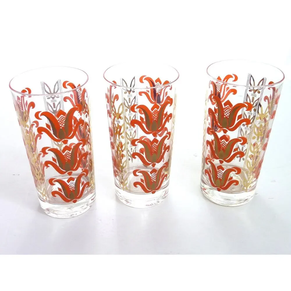 Vintage MCM Juice Glasses Set 3 Orange Gold Floral Retro Glass Tumblers 5.5 in